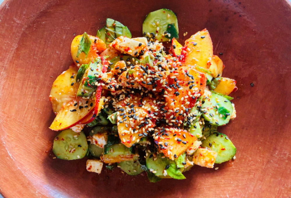 Halloumi, peach and cucumber salad with Slightly Spicy Furikake